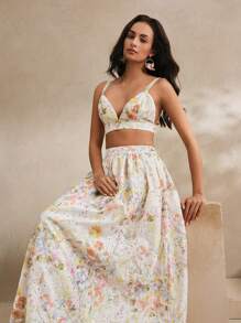 Anewsta 2 Pieces Set Women Summer, Holiday, Casual, Festival, Vacation - French Elegant Floral Embroidery Camisole Top And Long Skirt