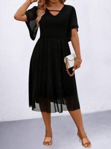 SHEIN Clasi Robe élégante ajustée en maille imprimée argent métallisé grande taille - Noir - Voir 4