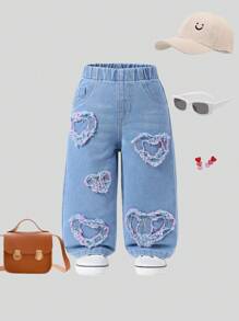 Pantalones anchos de niña con lavado claro, cintura elástica, parche bordado con corazón, el mejor estilo diario casual urbano - Lavado ligero - Ver 4