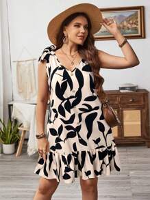 SHEIN LUNE Vestido corto de verano con cuello en V, sin mangas, con dobladillo con volantes y estampado de plantas, con decoración de lazo en los hombros, talla grande