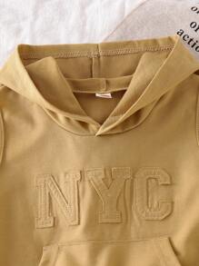 SHEIN 2 件套年轻男孩咖啡色连帽无袖背心和短裤休闲运动装，春夏 - 卡其色 - 查看 6