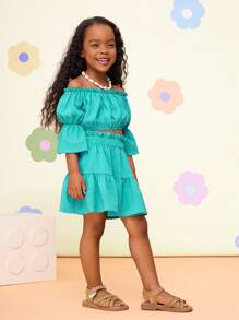 Conjunto de 2 piezas para niña joven con top de hombros descubiertos de manga abullonada y falda mini en color sólido