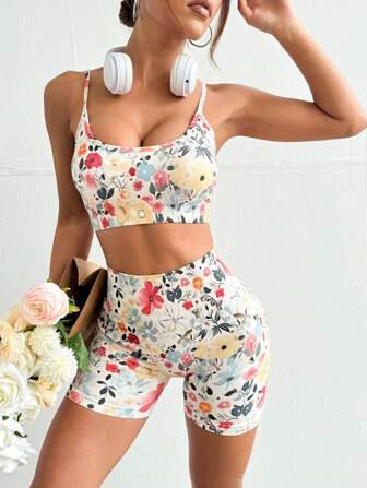 Lifespree 2pcs Women Floral Print Camisole And Shorts Sports Suit Workout Women Sets