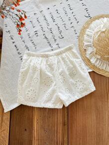 SHEIN LMoss Kids Babygirl 可爱花卉刺绣松紧腰休闲短裤，夏季百搭 - 白色 - 查看 3
