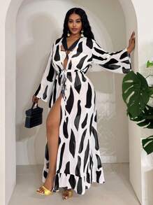 Slaydiva Plus Size Women's Vacation Colorblock Swimsuit With Sheer Cover Up, 3 Piece Set - Multicolor - View 4