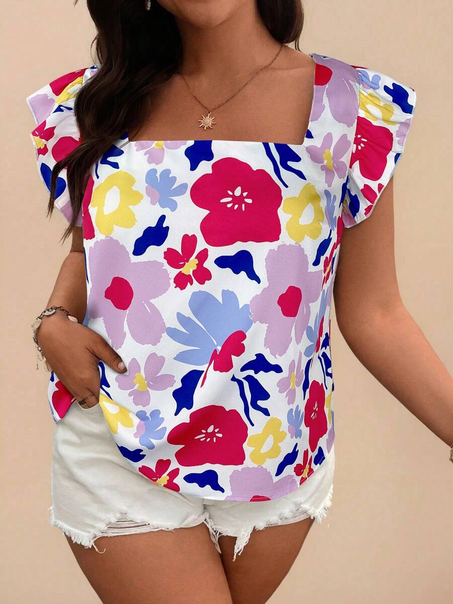 SHEIN VCAY Plus Size Floral Print Cropped Sleeve Square Neck Blouse