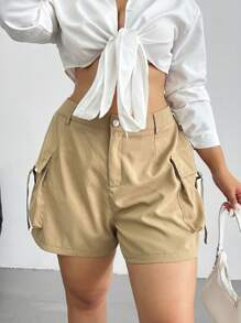 POPSWAY Plus Size Women's Summer Cargo Shorts With Large Pockets, Khaki, Suitable For Outdoor, Commute, Street Wear - Khaki - View 4