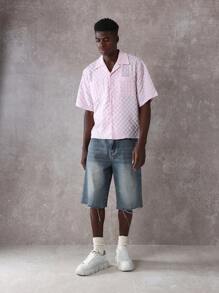 SUMWON Designer Boxy Fit Textured Summer Shirt Cuban Collar Classic Checkerboard Pattern Casual Resort Vacation Button Down Holiday Wear Short Sleeve - Pink - View 4