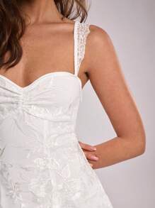 SHEIN BAE Women's Elegant Flower Embroidered Sheer Camisole Mini Dress, Summer - White - View 4