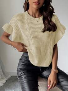 SHEIN Unity Women's Casual Knitted Vest With Ruffle Hem And Cable Cable Pattern - Apricot - View 7