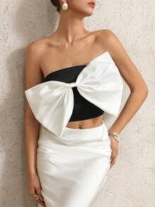 GENKIRA High Quality Satin Contrast Color Oversized 3D Bow Design Elegant Romantic Formal Vibe Bandeau Top For Women - Black - View 5
