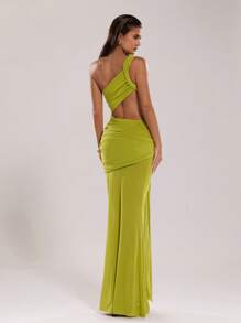 SHEIN BAE 女士性感纯色细肩带镂空超长连衣裙，夏季 - 綠色 - 查看 2
