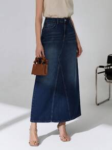 CLARA VERO 100% Cotton Low Waist Washed Strong Denim Skirt - Dark Wash - View 4