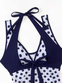 SHEIN 2pcs/Set Summer Elegant Bowknot Solid Splice Polka Dot Print Flounce Crop Top And Solid Color Briefs Tankini Swimwear - Multicolor - View 7