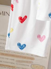 4pcs/Set Casual Baby Girl Heart & Floral Print Ruffle Trim Short Sleeve Top + Shorts Set, 2 Pieces Outfit, Summer Holiday Outdoor Wear - Multicolor - View 6