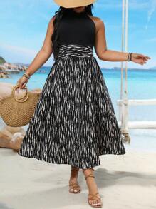 SHEIN Clasi Plus Size Summer Vacation Patchwork Print Halter Neck Dress - Black - View 4