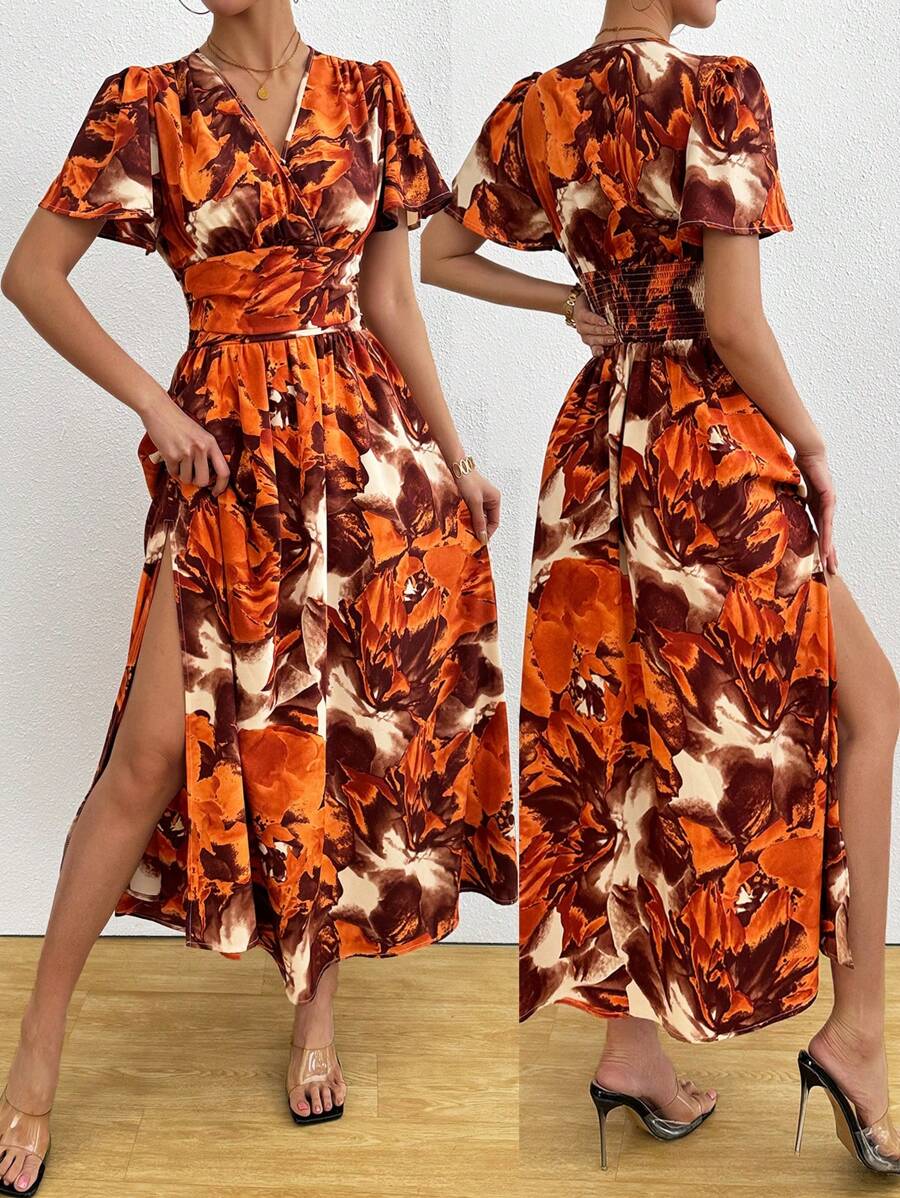 Chiquease Holiday Women's Boho Romantic Beach Women Outfits Concert Outfit Women Holiday Casual V-Neck Short Sleeves Retro Large Flower Orange Brown Retro Print Retro Print Waist Slim Back Flared Side Slit A-Line Long 2025 New Dress - Orange - View 1