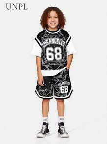 SHEIN Tween Jungen Lässig Set bestehend aus Kurzarm T-Shirt mit Buchstaben-Muster Patchwork und kontrastfarbigen Elementen sowie Shorts, Zweiteiler für Teenager