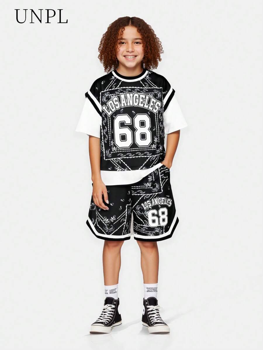 SHEIN Tween Jungen Lässig Set bestehend aus Kurzarm T-Shirt mit Buchstaben-Muster Patchwork und kontrastfarbigen Elementen sowie Shorts, Zweiteiler für Teenager