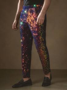 Manfinity VCAY 1 件装 男士 Y2K 服装 华丽编织商务休闲派对装 高街复古风格黑色亮片裤子 返校秋季服装 万圣节服装 - 紫色 - 查看 1