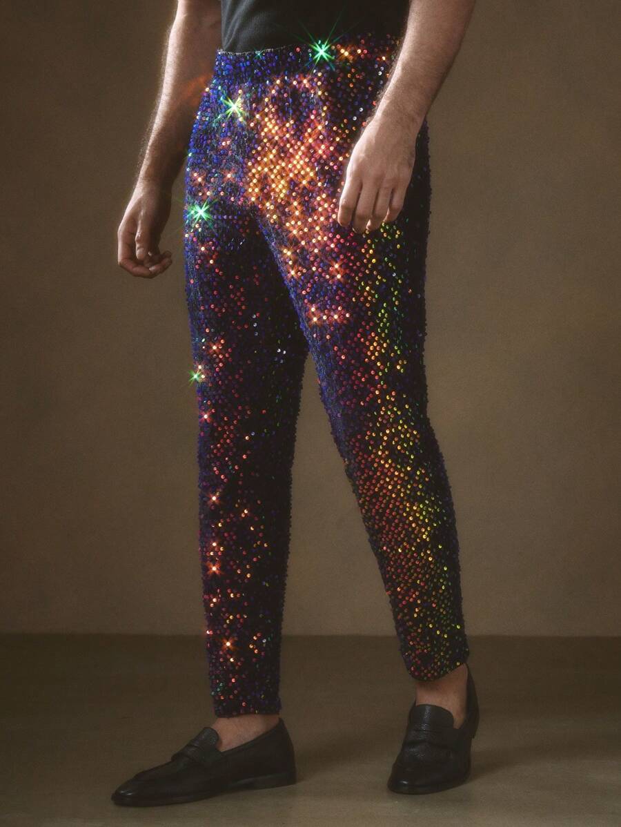 Manfinity VCAY 1 件装 男士 Y2K 服装 华丽编织商务休闲派对装 高街复古风格黑色亮片裤子 返校秋季服装 万圣节服装 - 紫色 - 查看 1