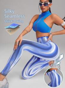 Innovista 女士运动装无缝抽象扎染运动紧身裤、高腰收腹和压缩健身服、动态渐变极光印花塑身衣、前卫独特的健身运动服、塑身和性能裤、骑行、自行车、跑步、有氧运动、力量、举重、普拉提、拳击、户外、徒步、露营、越野、瑜伽、垫子、排球、攀岩、音乐节、派对、电动、打底层、蓝色、白色、Y2K、春夏装备、入门运动服