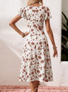 SHEIN Frenchy 女式夏季假期花卉印花前扣荷叶边袖连衣裙