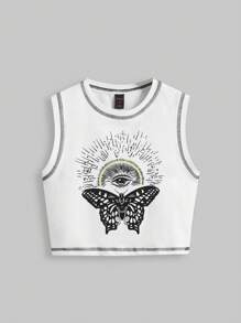 ROMWE Butterfly & Eye Print Top-stitching Tank Top - White - View 1