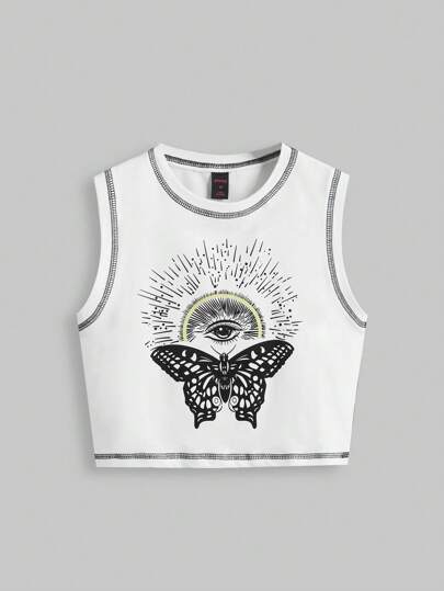 Canotta con stampa a farfalla e occhio e rifiniture a punto zigrinato