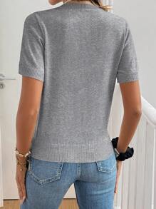 SHEIN Frenchy 女士休闲心形图案短袖针织上衣，春夏 - 灰色 - 查看 2