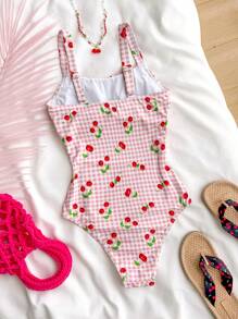 SHEIN Teen Girls Pink Sweet Plaid Cherry Print One-Piece Swimsuit Summer,Beach Outfit Bathing Suit Summer,Summer Beach - Pink - View 2