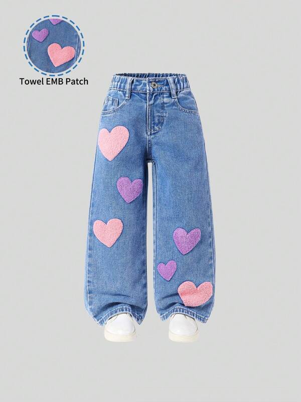 SHEIN Jeans anchos de pata ancha de color azul claro lavados, holgados y casuales, con bordado vintage colorido para niña joven