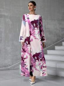 Al Najma 女士土耳其长袍和阿拉伯花卉印花长裙、卡夫坦和贾拉比亚 - 粉色 - 查看 3