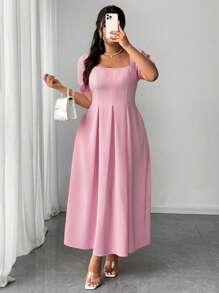 Elenzga Plus Size Vintage Romantic Pink Puff Sleeve Dress - Pink - View 3