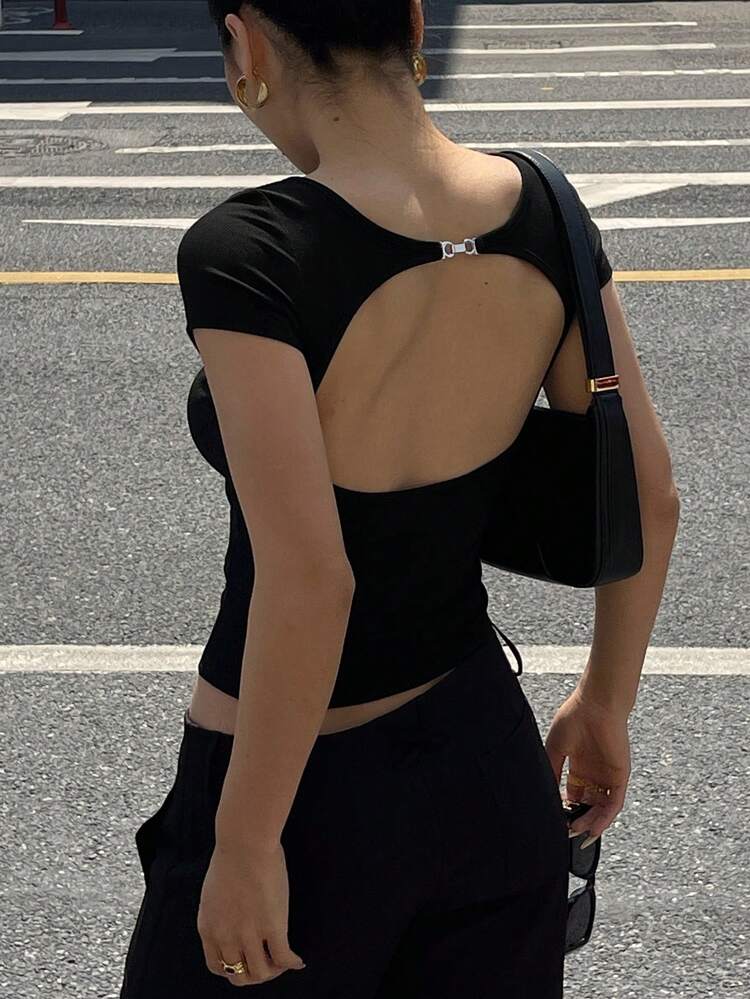 Women's Solid Color Backless Short Sleeve T-Shirt, Minimalist Fashion For Summer,Halter Top Vacation