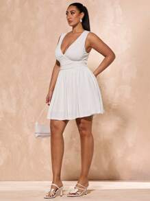 SHEIN BAE Vestido mini de manga larga con cuello en V profundo, volantes en las mangas y cintura, de talla grande, blanco, para uso diario, sexy, otoño e invierno, para boda, salida nocturna, San Valentín, cóctel, fiesta, cita con amigos, reunión familiar, vestido de novia, dama de honor, vestido casual, vestido de graduación blanco, vestido de invitada de boda