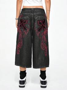 ROMWE Grunge Punk Jeans de mezclilla de talle bajo, holgados, de estilo callejero vintage con bordado de vid y cruz - Negro - Ver 4