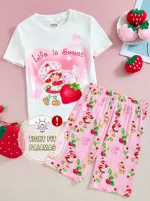 Strawberry Shortcake X SHEIN Tween 女童卡通心形图案白色休闲百搭短袖 T 恤和粉色可爱甜美短裤睡衣套装