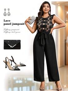 SHEIN Belle Bộ đồ liền thân ren chắp vá vải trơn màu cổ tròn tay lửng thanh lịch - màu đen - Xem 1