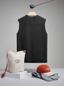 SHEIN Forever 21 Men's Casual Snowflake Craft Loose Stitching Black T-Shirt/Summer Vest Top/Street Wear/Loose/Y2k Clothing - Black - View 2