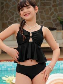 Tween Girl Spaghetti Strap Tankini Swimwear Set, New Black Solid Classic Simple Design With Front Hollow Rings, Ruffled Hem, Adjustable Straps, Suitable For Swimming And Beach Vacation - Black - View 9