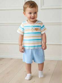 SHEIN 2 件套男婴/女婴休闲可爱图案超大圆领针织上衣和短裤套装，适合春夏季室内外穿着 - 藍色 - 查看 9