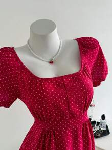 Elamini Áo cánh nữ cổ vuông tay bồng ngắn in họa tiết chấm bi viền bèo nhún - Đỏ - Xem 3