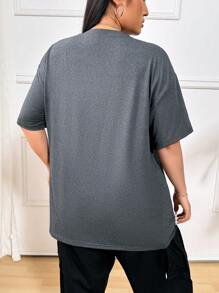 DrmWander Plus Size Note Print Drop Shoulder Tee For Summer For New Year Clothes Graphic Tees Women Tops - Dark Grey - View 2