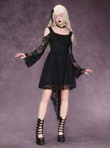 ROMWE Summer Clothes  Graduation Dress Gothic Style Embroidered Floral Lace Button & Ruffle Trim Black Midi Dress For Women - Black - View 3