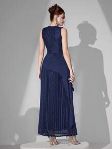 Poshira Vestido de noche elegante de mujer con contraste de tela y encaje en la cintura, vestido de fiesta para invitados de boda - Azul Marino - Ver 4