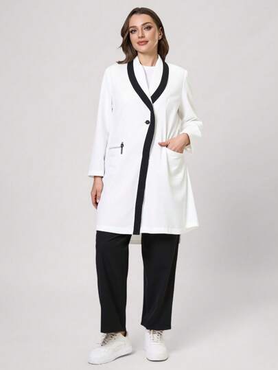 TaskEZ 大码拼色饰边双口袋实验室大衣