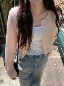 DAZY 宽松简约轻薄女士开衫，青春气息，重返校园服装 - 粉色 - 查看 3