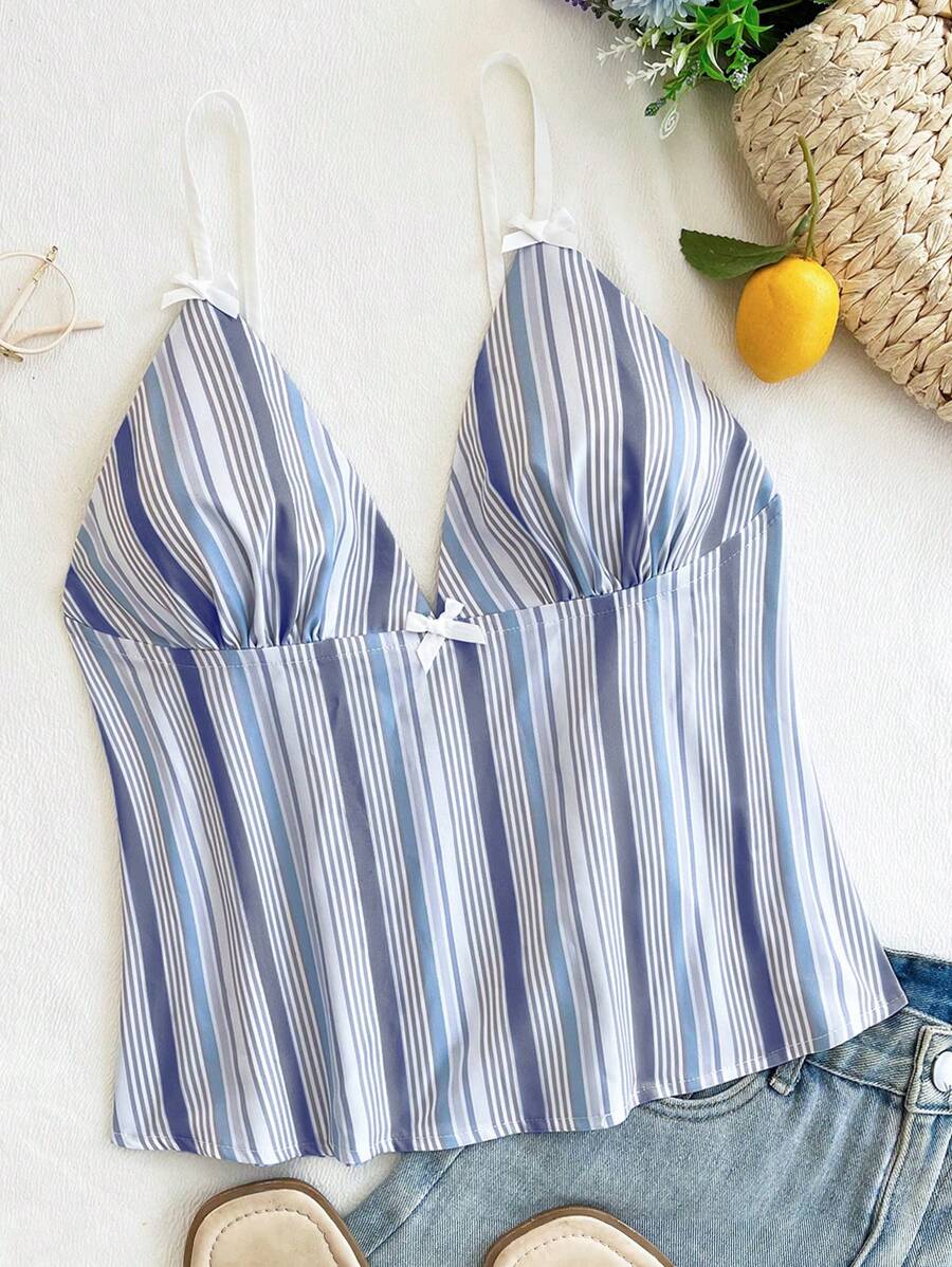 SHEIN Unity Vacation Stripes Bow Design Contrast Color Deep V Camisole - Navy Blue - View 1