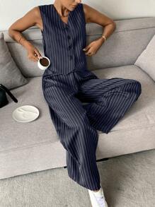 Siren Gaze 女士条纹单排扣背心和裤子两件套休闲套装 - 藏蓝色 - 查看 5